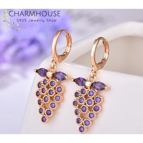 Charmhouse 18K Gold Color Earrings For Women Red/Purple Crystal Grape Earing Brincos Femme Wedding Bridal Jewelry Party Gifts