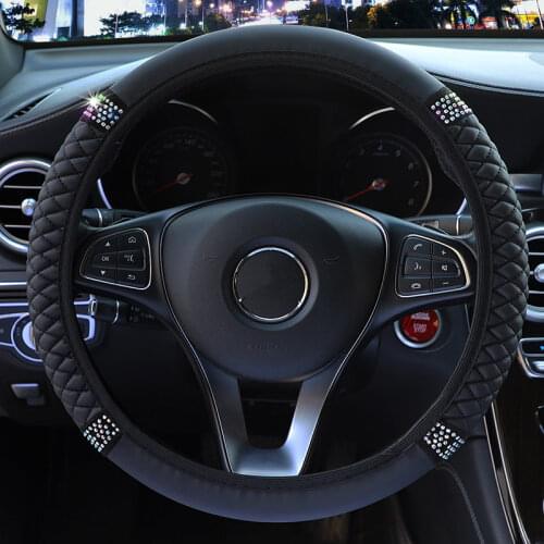 Bling Bling Car Steering Wheel Cover Easy Install Automotive Hubs Not Moves Crystal Pu Leather Auto Case Black For Lada E1 X45