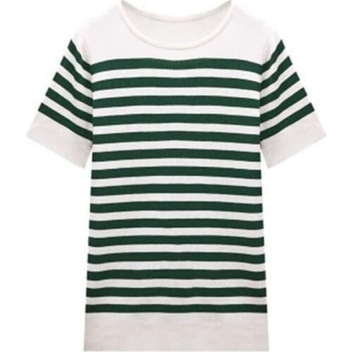 2021 Summer Women Striped Print T-Shirt Short Sleeve Round Neck Slim Elasticity Knitted Pullover Thin Crop Tops Tees Y345