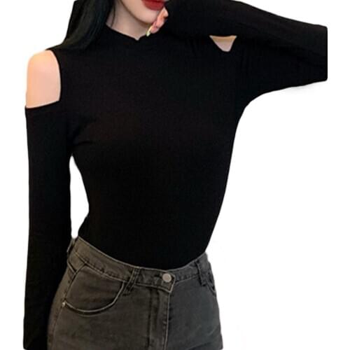 Plus Size T-shirt Women Autumn Solid Color Cold Shoulder Long Sleeve Shirts Mock Neck Slim T-shirt