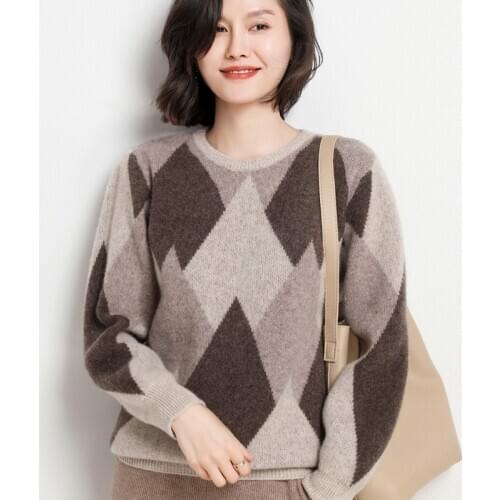 Autumn Winter New Womens Cashmere Sweater Womens Round Neck Loose Pure Wool Pullover Womens Thick Warm Printing Base Sweater