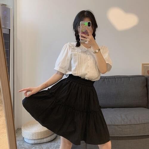 College Style Japanese Cute Suit Female Doll Collar Short Sleeve Shirt + Black A-line Short Skirt Female Two-piece Suit