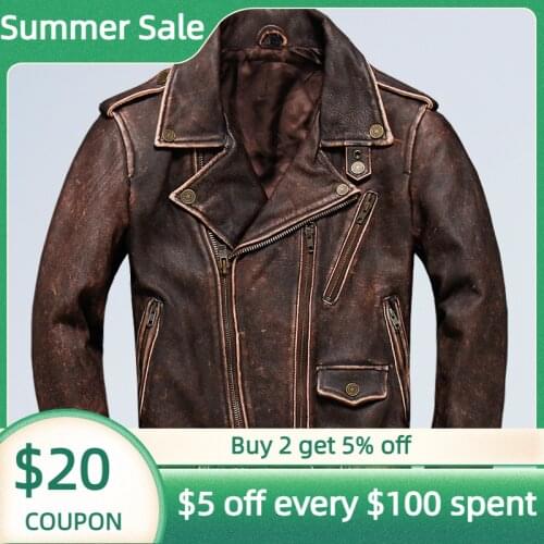 2021 Vintage Brown Men American Bikers Leather Jacket Plus Size XXXXXL Genuine Cowhide Slim Fit Motorcycle Coat FREE SHIPPING