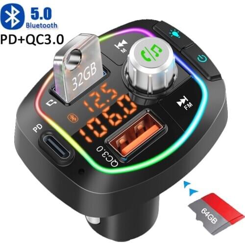 JINSERTA PD Car Charge FM Transmitter Bluetooth 5.0 Handsfree Audio Receiver Modulator QC3.0 Fast USB Car Charger