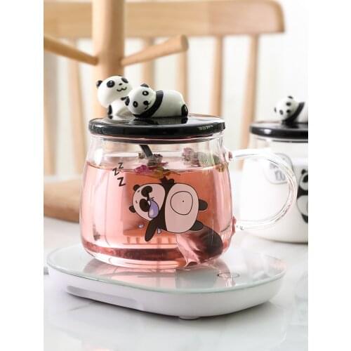 Panda Cup Large Capacity Glass Cup Milk Cup Breakfast Cup Water Cup Lovely Panda Glass Mug Drinking Cup With Lid Spoon