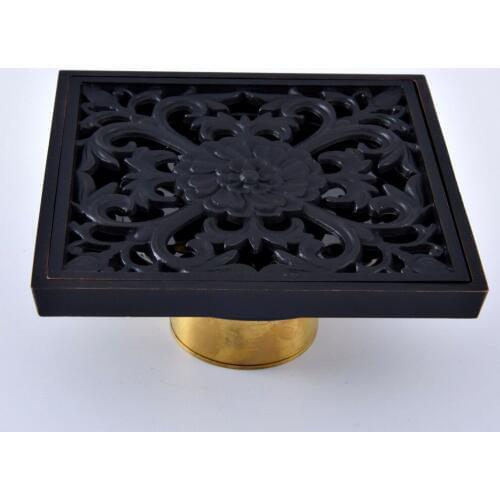Black Oil Rubbed Bronze Carved Flower Pattern Bathroom Shower Drain 4" Square Floor Drain Waste Grates Bathroom Accessory mhr064