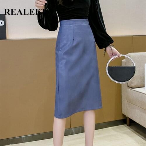 REALEFT New 2020 Autumn Winter PU Leather A-Line Long Skirts Elegant Solid Wrap Skirt Zipper High Waist Office Skirts Female