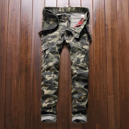 Military Mens Camouflage Army Green Jeans Pants Pencil Pants Slim Fit Trousers Patchwork J45