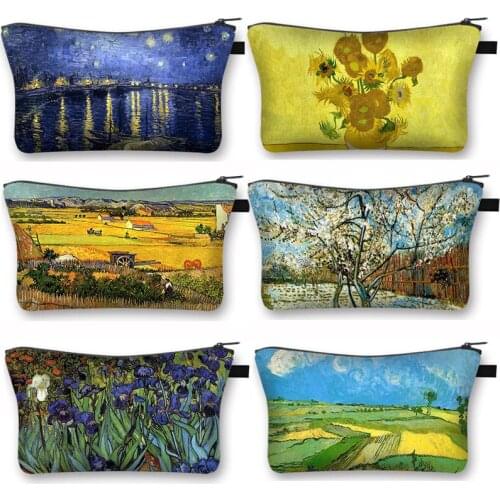 Van Gogh Oil Painting By Cosmetic Bag Cafe In Arles / Sunflower Women Makeup Bags Ladies Mini Handbag Beauty Lipstick Bags Gift