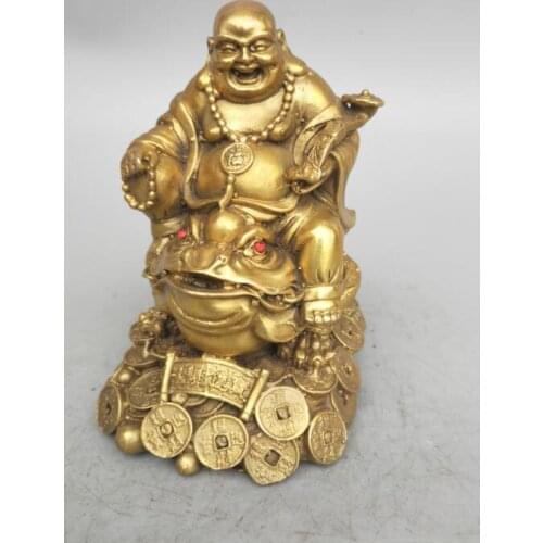China Seiko carving pure brass maitreya Buddha sit gold toad statue