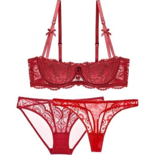 Sexy fashion half cup bra set thick cushion push up underwire bra lace bowknot girly underwear bra+panties+thong 3piece/set
