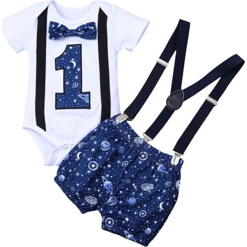 Newborn Baby Boys Clothes Sets 1st Birthday Short Sleeve Romper Tops Print Strap Overalls Shorts