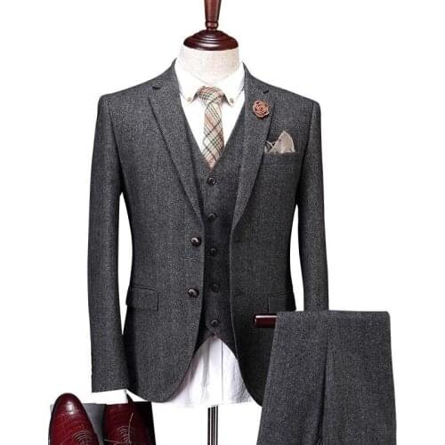 Custom Made Tuxedo Jacket Men Suit 3 Pieces Mens Vintage Suit 3 Pcs Tweed Fleck Tweed 2 Button Wool Dark Gray
