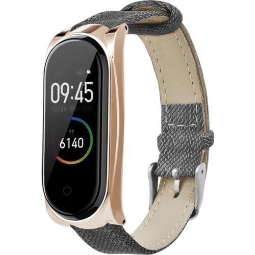 Denim Pattern Leather Watch Band Wriststrap with Metal Case for Xiaomi Mi Band 4 NK-Shopping