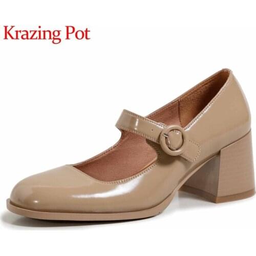 Krazing Pot vintage spring summer season cow split leather round toe thick high heel buckle straps young girls women pumps L20