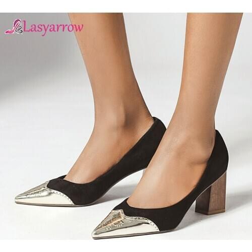 Lasyarrow Slip On Pointed Toe Women High Heels Office Shoes Thick Heel Ladies Shoes Casual Women Pumps Large Size 34-43 red blue