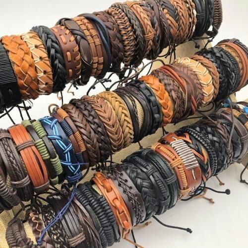 Handmade 50pcs/Lots Black Brown Coffee Mens Womens Vintage Leather Surfer Wrist Cuff Bracelets Jewelry (Size adjustable)