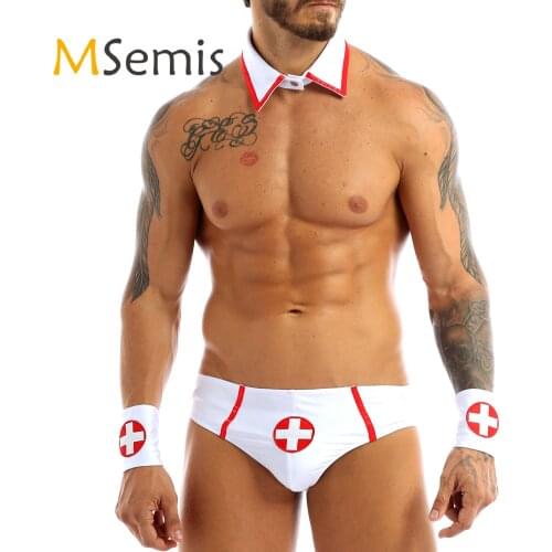 MSemis Mens Doctor Nurse Sexy Cosplay Costumes Outfit Set for Fancy Parties Role Play Clubwear Briefs with Collar Red Cross Cuff