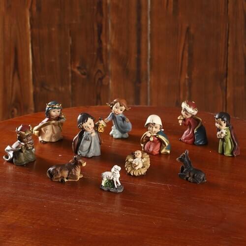 Resin Statue Nativity Set Xmas Crib Statue Baby Hand Painted Manger Miniatures Ornaments Gift Festival