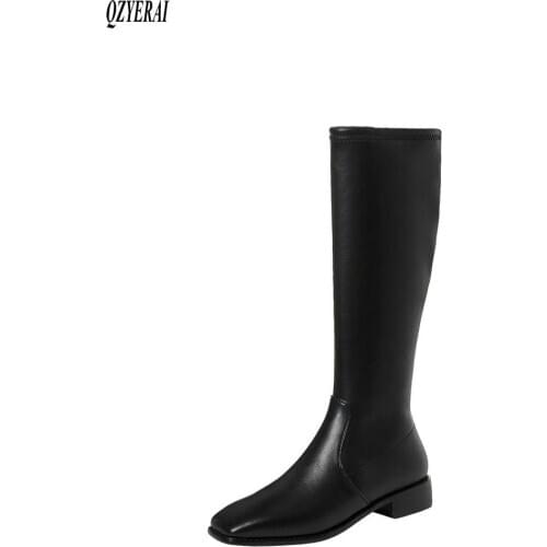 New winter Genuine leather Knee high boots Women boots Motorcycle boots Square head warm stretch Women shoes