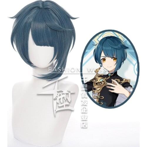 Genshin Impact Xingqiu Cosplay 30cm Wig Short Grey Blue Wig Cosplay Anime Cosplay Wigs Heat Resistant Synthetic Wigs Halloween