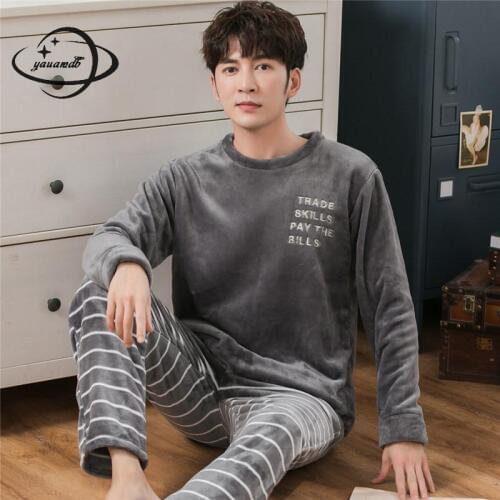 Size L-3xl Mens Pajama Sets Winter Male Sleepwear Suits Clothing Pullover Coat+pants 2pcs O-neck Flannel Soft Man Clothes H43