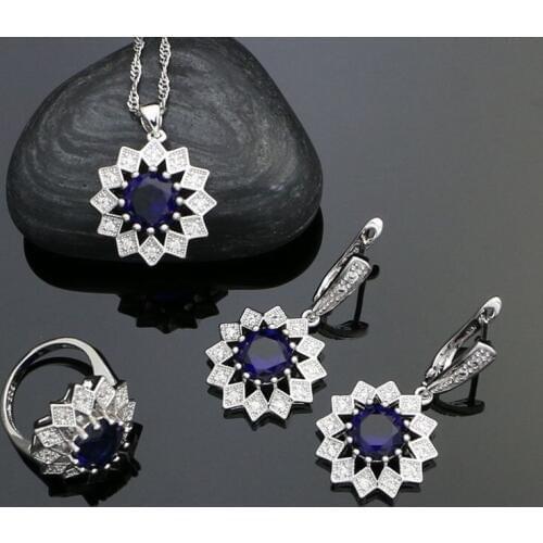 Silver 925 Jewelry Sets With Blue Stones White Crystal Party Earrings Ring Necklace Pendant For Women