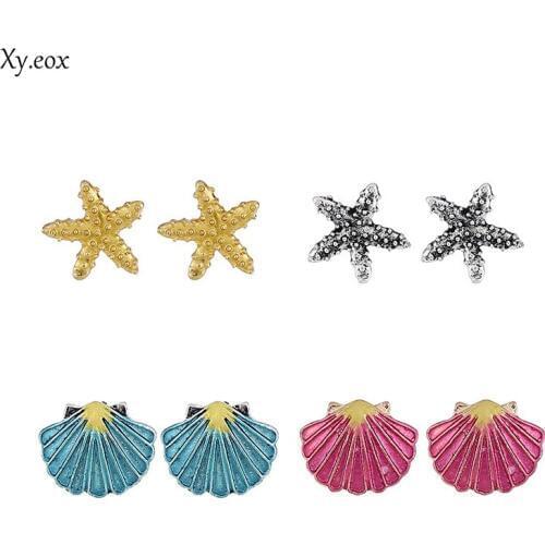 4Pair Colorful Shell Starfish Earrings Sweet Sea Beach Drop Pearl Earrings