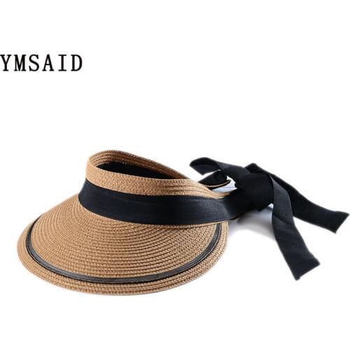 Ymsaid Summer Women Stripe Ribbon Bow Wide-brim Sun Hat Lady Empty Top Hats Travel holiday Beach Hat Sun UV Protection Cap