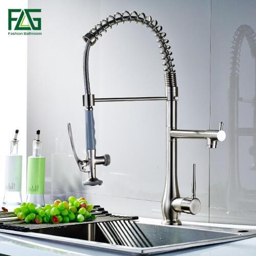 FLG Spring Style Nickel Brushed Kitchen Faucets Mixer Dual Spray Swivel Spout Rotatable Hot Cold Faucet Sink Mixer Tap 192-33N