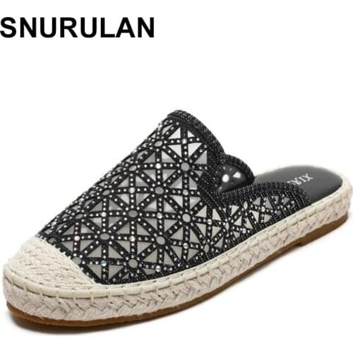 SNURULANSummer Women Mules Shoes Fashion Rhinestone Round Toe Slip On Home Female Flip Flop Straw Weave Ladies Fisherman Slipper