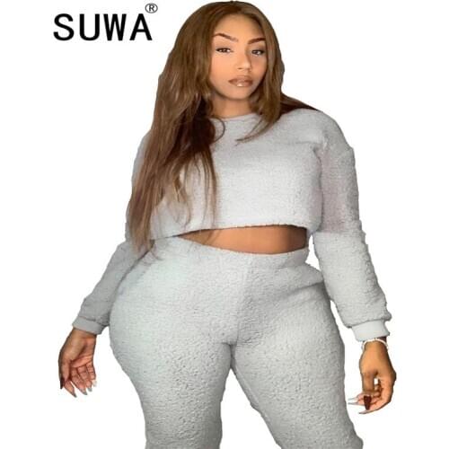 Active Wear Workout Sportswear Womens Set Long Sleeve Loose Crop Hoodie Jogger Sweatpant Fall Winter Warm Soft Two Piece Outfit