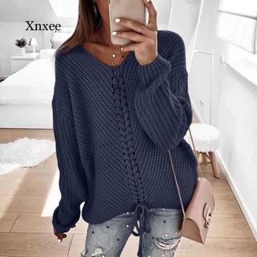 Drawstring V Neck Sweater Fashion Women Solid Long Sleeve Casual Knitted Womens Lace Up Pull Ribbing Femme Tops Clothing