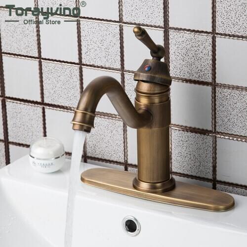 Torayvino Antique Brass Vintage Swivel Bathroom Faucet Single Handle Cover Plate Hot Cold Hose Deck Mounted Faucets Mixer Tap