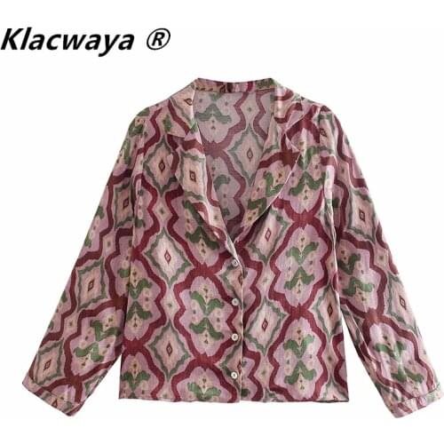 Klacwaya Women 2021 Vintage Geometric Patchwork Print Short Smock Blouse Elegant Female Chic Single Breasted Shirts Blusas Tops