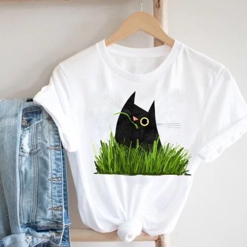 Women Clothing Cartoon Animal Funny Cat Spring Summer 90s Girl Fashion Clothes Print Tee Top Tshirt Female Graphic T-shirt