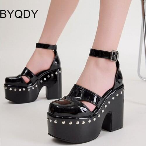 BYQDY Brand New Shoes For Dropship Big Size 43 Block High Heels Sandals Dark Black Gothic Rivet Bright Leather Platform Shoes