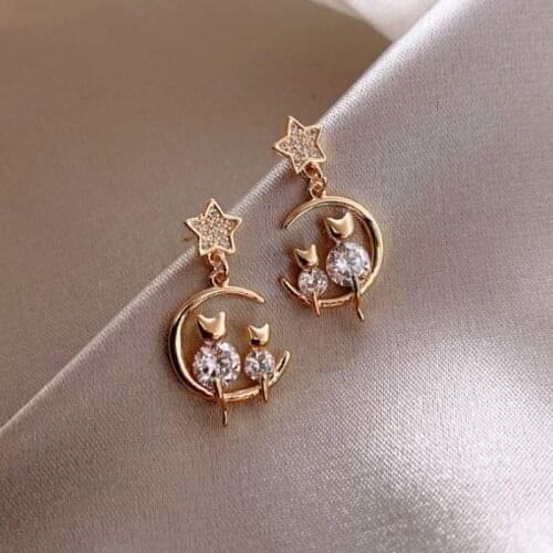 New Arrival Rhinestone Trendy Geometric Dangle Earrings Gold Color Metal Moon Cat Shape Elegant Party Jewelry For Women