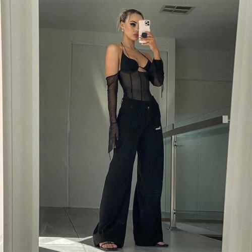 Sexy Low Cut Blouse Tops Women 2021 Summer Autumn Halter V Neck Long Sleeve Corset Shirts Mesh See Through Club Sexy Tops Female