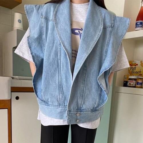 Summer Retro Turn Down Collar Ruffles Loose All Match Wash Blue Denim Vests Cardigan Woman Jacket X475