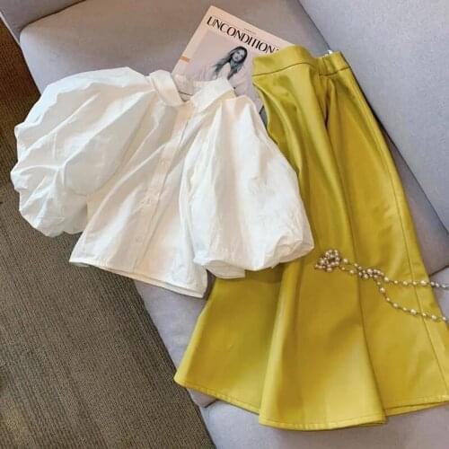 Plus Size Women Summer Solid Two-Piece Sets Sweet Puff Sleeve Shirt Fashion Slim A-Line Skirt Female Casual Sets RE2097