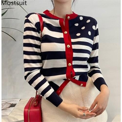 Striped Dot Knitted Women Cardigan Sweater Full Sleeve O-neck Single-breasted Tops Korean Vintage Elegant Female Jumpers 2021