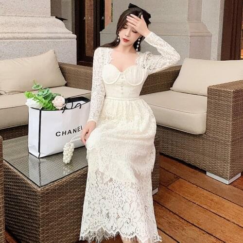 2021 Square Collar Spring Party 2021 Elegant Boho A Line Long Sleeve Runway Autumn Vintage High Waist Dress Women Luxury Lace