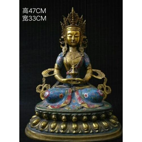 19" Tibet Buddhism Temple Old Bronze Gilt Cloisonne enamel Longevity Buddha Immortal Life Wisdom Tathagata Amitabha statue