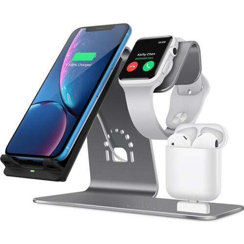 3 in 1 Aluminum Wireless Charging Stand for Apple Watch, Charging Station for Airpods, Qi Fast Wireless Charger Dock for Apple