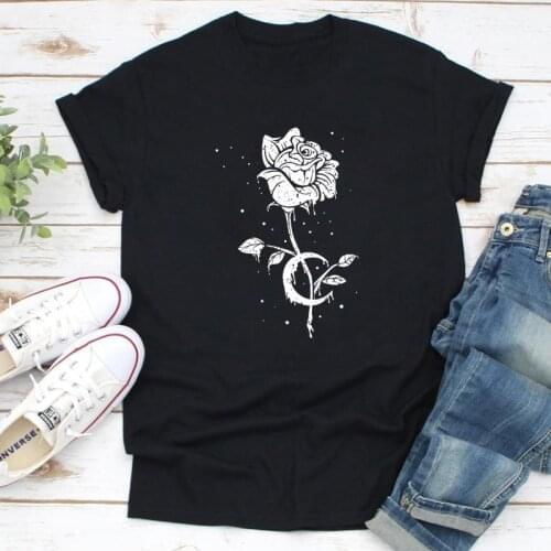 Occult Moon And Rose T-shirt Aesthetic Summer Short Sleeve Hipster Graphic Tee Top Women Vintage Boho Flower Print Tshirt