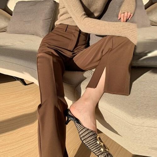 Summer Autumn Elegant Split Suit Pants For Women High Waist Straight Long Pants Ladies Chic Elegant Office Suit Pants