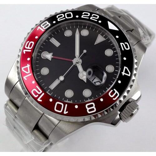 40MM Sterile Black Dial Sapphire Glass Date Luminous Black Red Bezel Steel Bracelet Red GMT Automatic Movement Mens Watch