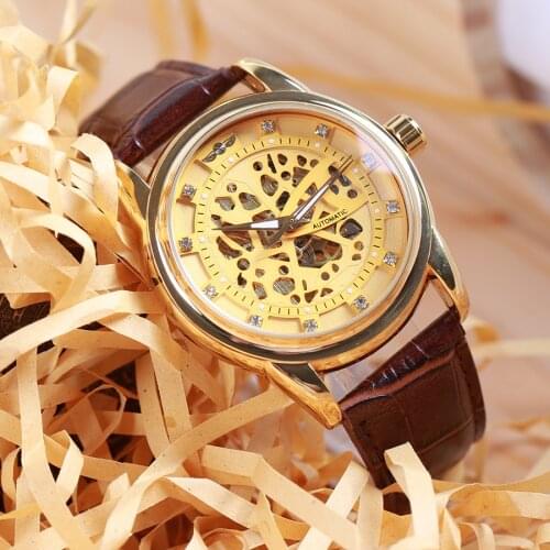 Winner Diamond Skeleton Design Full Gold Case Mens Watches Top Brand Luxury Automatic Fashion Skeleton Men Wristwatch Clock Me