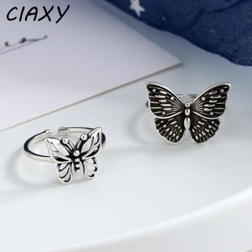 CIAXY 925 Sterling Silver Retro Hollow Butterfly Rings for Women Fashion Vintage Adjustable Finger Ring Thai Silver Jewelry